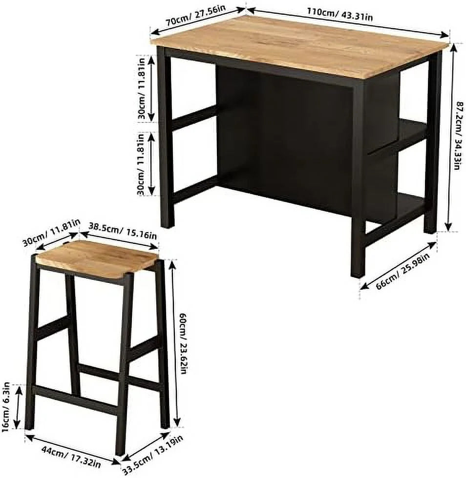 3 Piece Black Wood Dining Table Set with 2 Stools P358