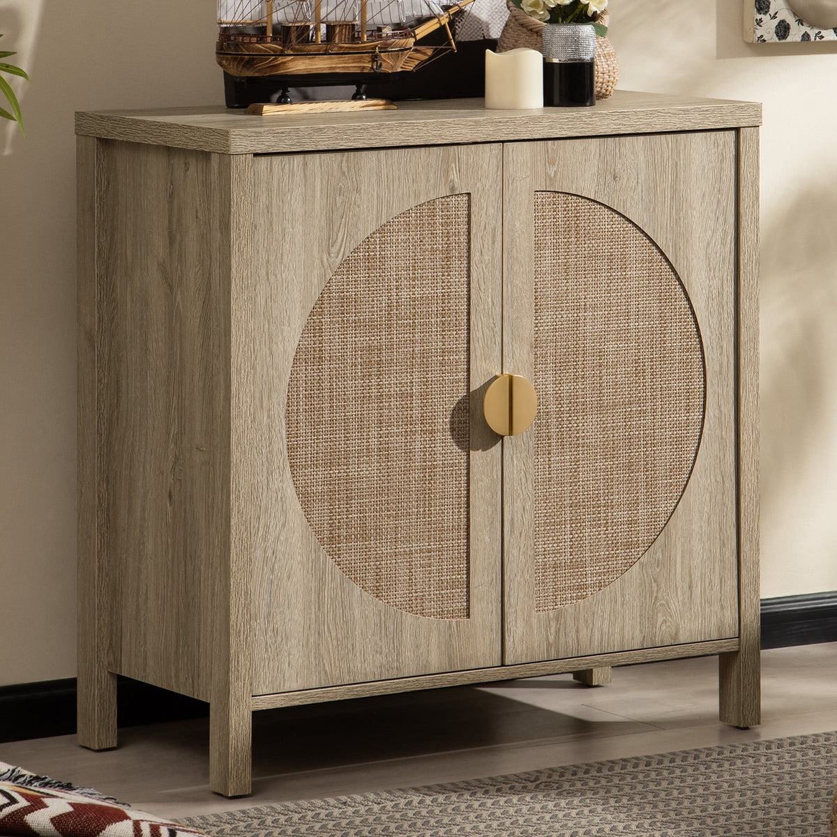Oak Rattan Sideboard Storage Cabinet Set of 2 W5047
