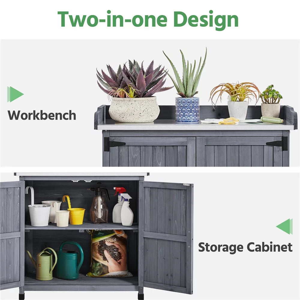 Wooden Garden Potting Bench Table with Cabinet V71419