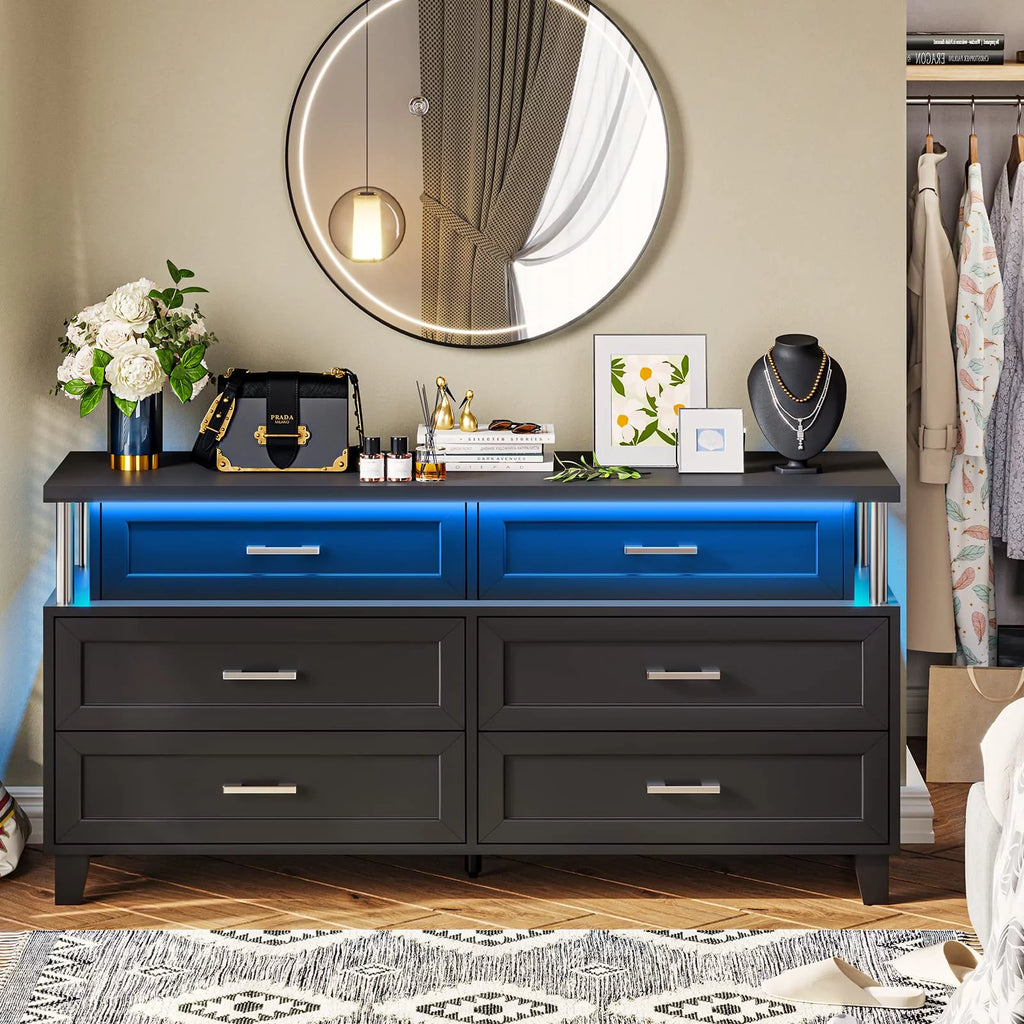White 8 Drawer Dresser with LED Light W6308