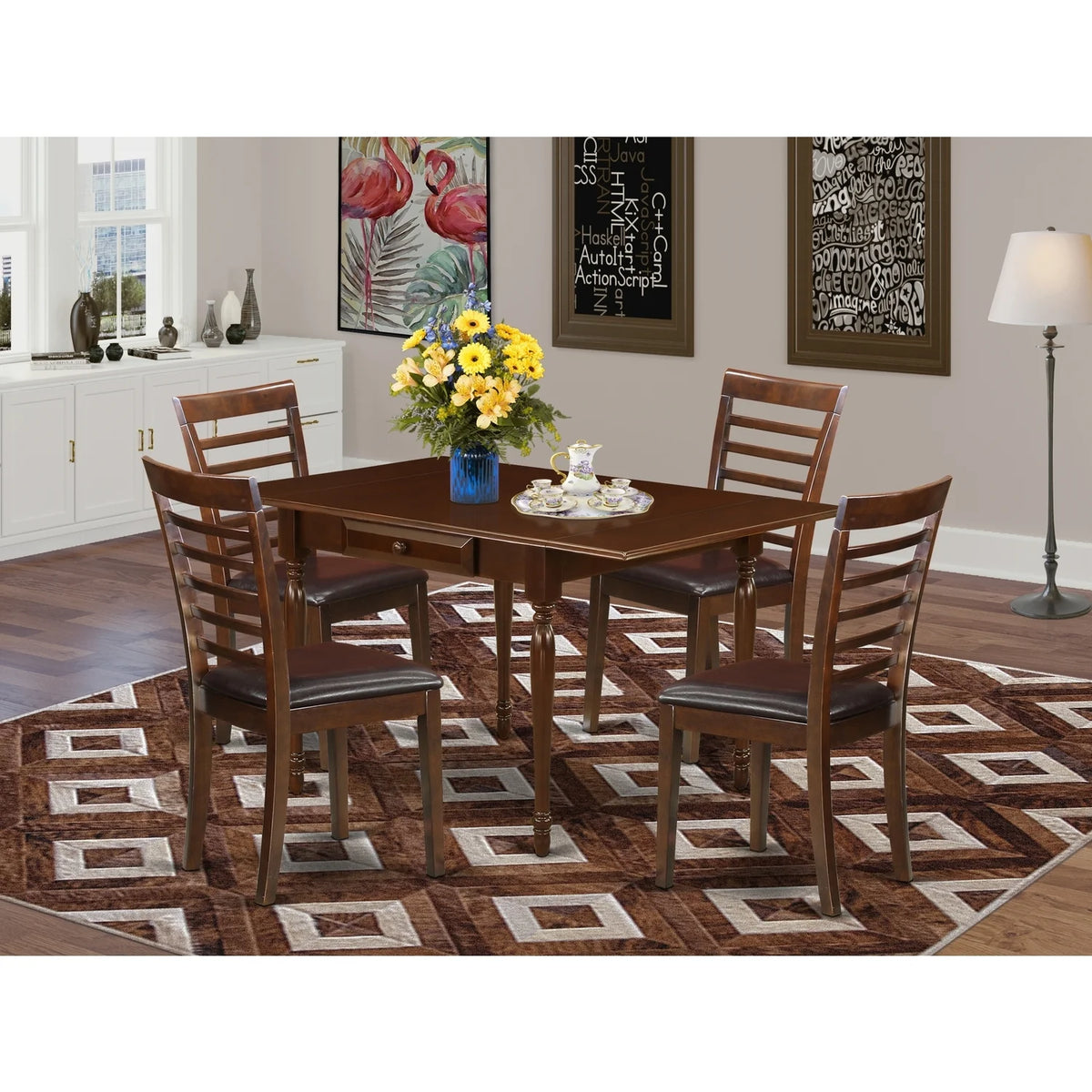 5 Pieces Real Wood Dining Table Set with 4 Faux Leather Seat Chairs J86048