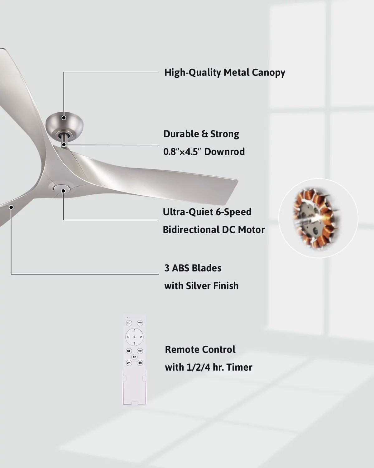 52" Farmhouse Ceiling Fan with Remote 6 Speeds Silver Y16025