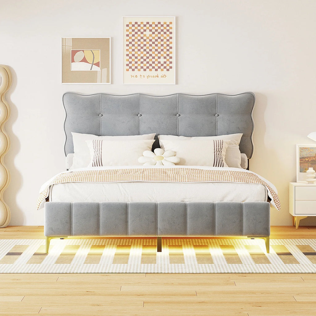 Full Size Beige Velvet Platform Bed with Headboard U48622