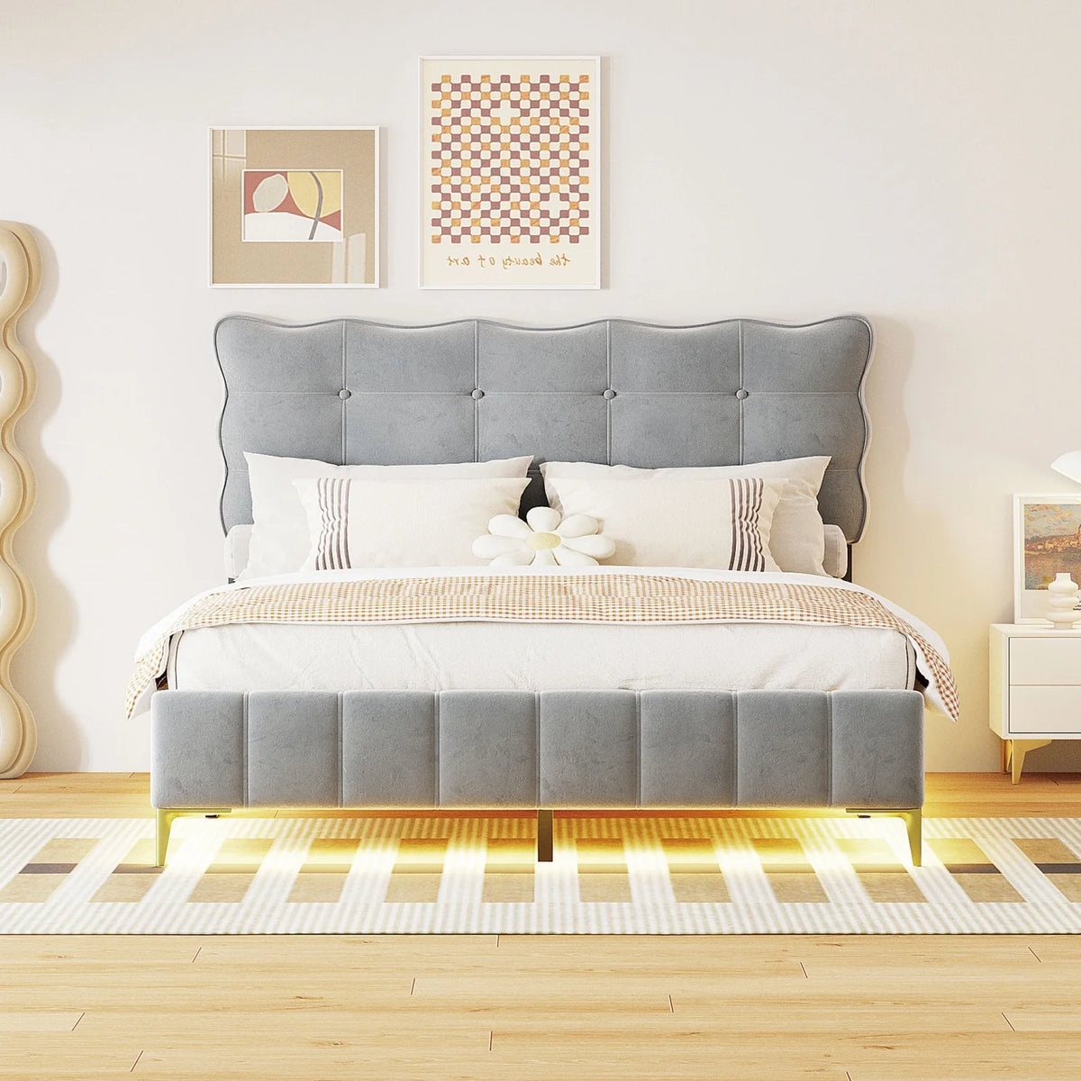 Full Size Beige Velvet Platform Bed with Headboard U48622