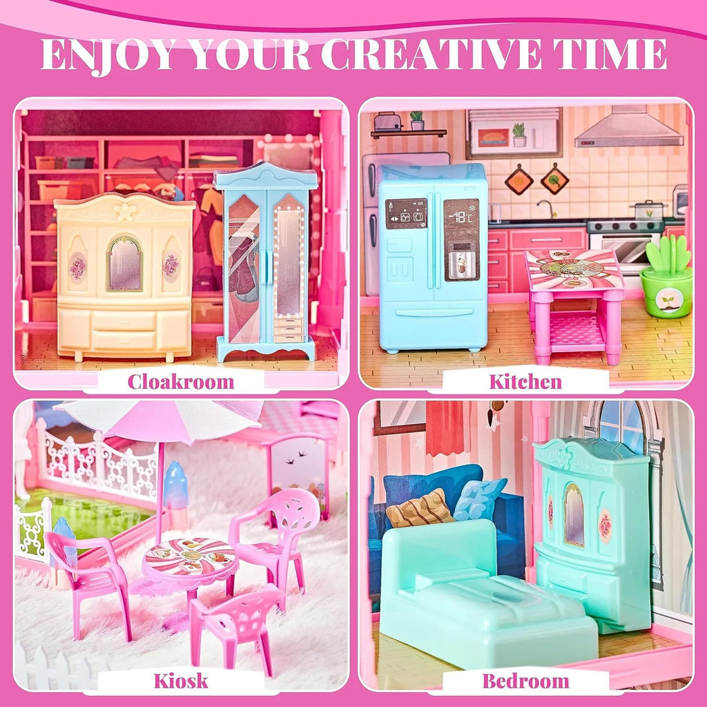 275PCS Dollhouse Kit with 11 Room Furniture Pink Princess Castle Playhouse S34784