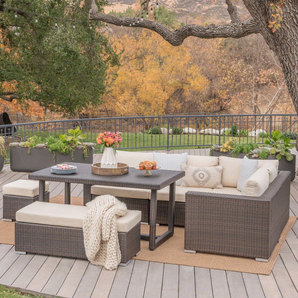 7 Piece Wicker Dining Sofa Set with Cushions T280010