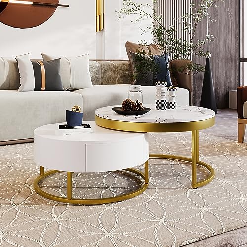 Round Lift-top Nesting Coffee Tables with 2 Drawers White & Natural Y3507
