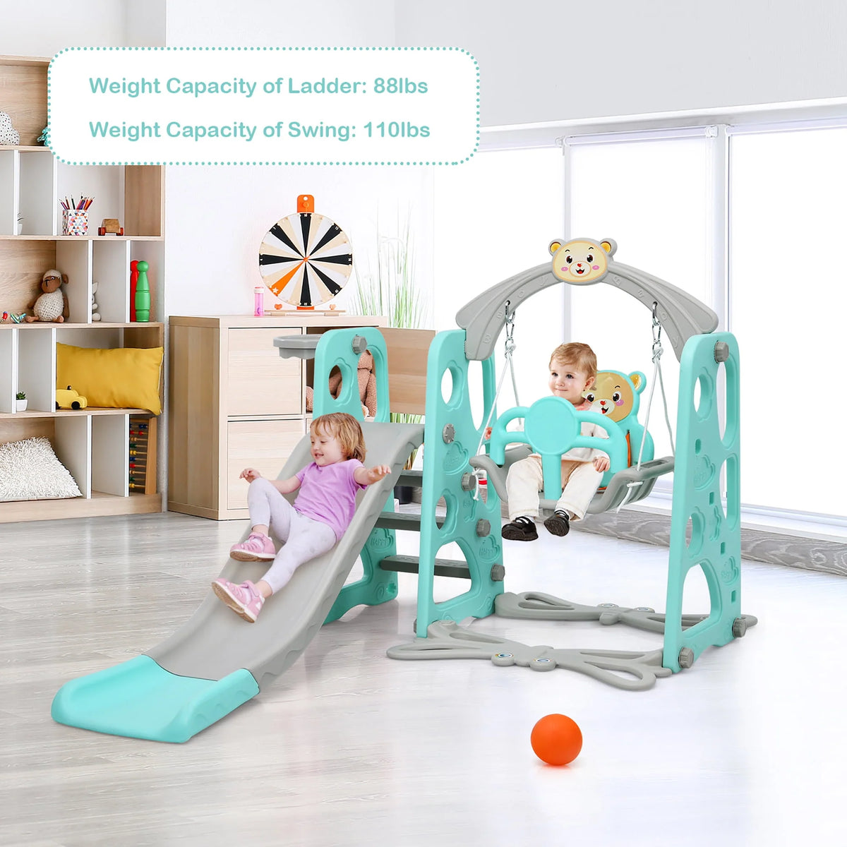 4-in-1 Toddler Climber and Swing Set with Basketball Hoop A7623