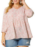 Plus Size Babydoll Floral 3/4 Sleeve Peplum Blouse F482216