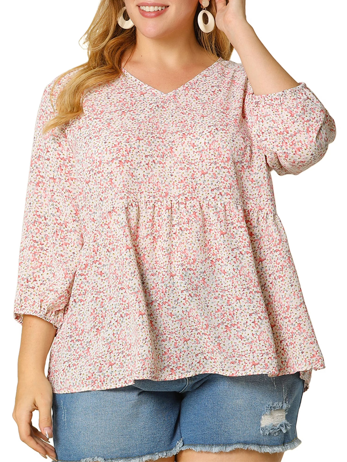 Plus Size Babydoll Floral 3/4 Sleeve Peplum Blouse F482216