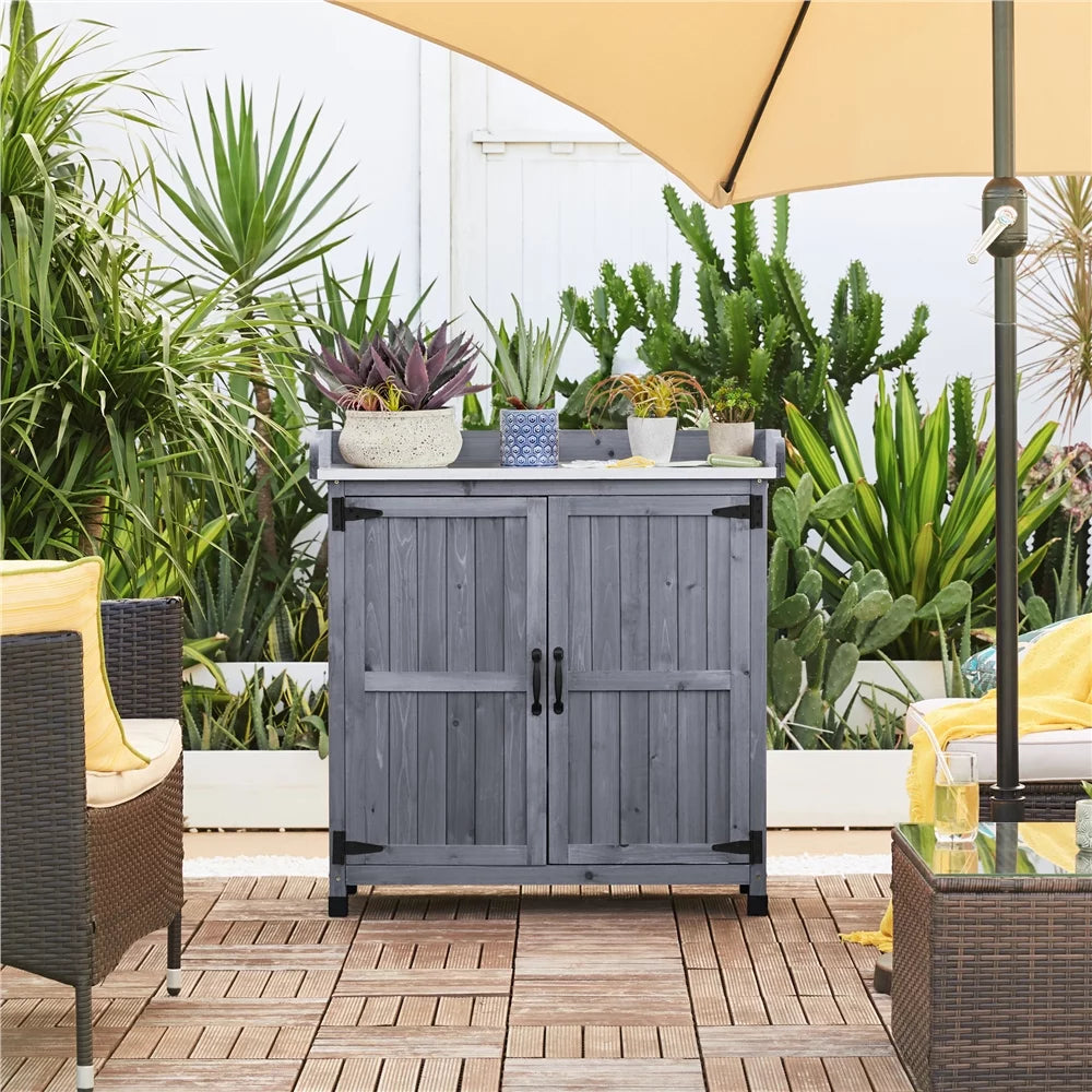 Wooden Garden Potting Bench Table with Cabinet V71419