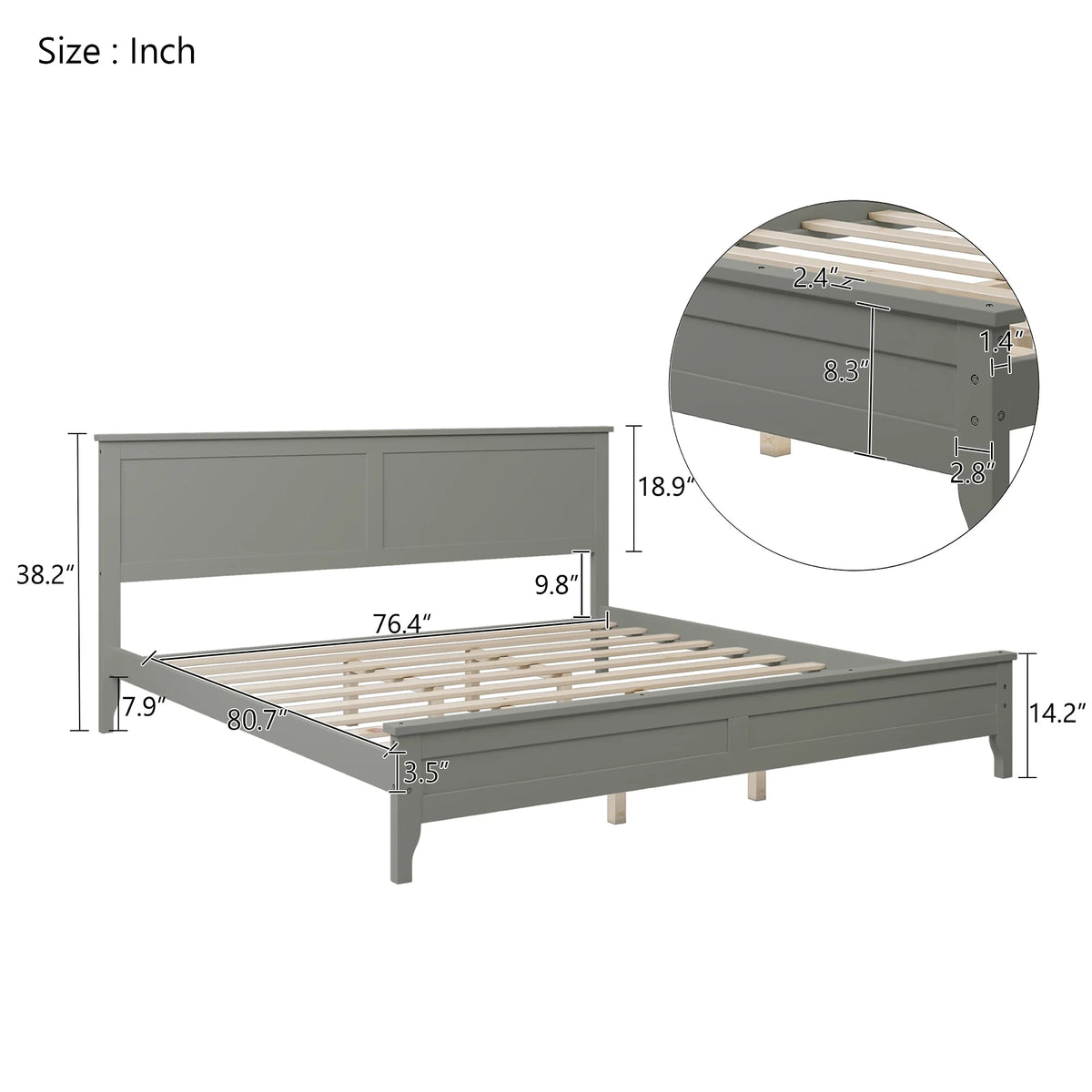 King Size Grey Solid Wood Platform Bed Frame with Headboard H37417