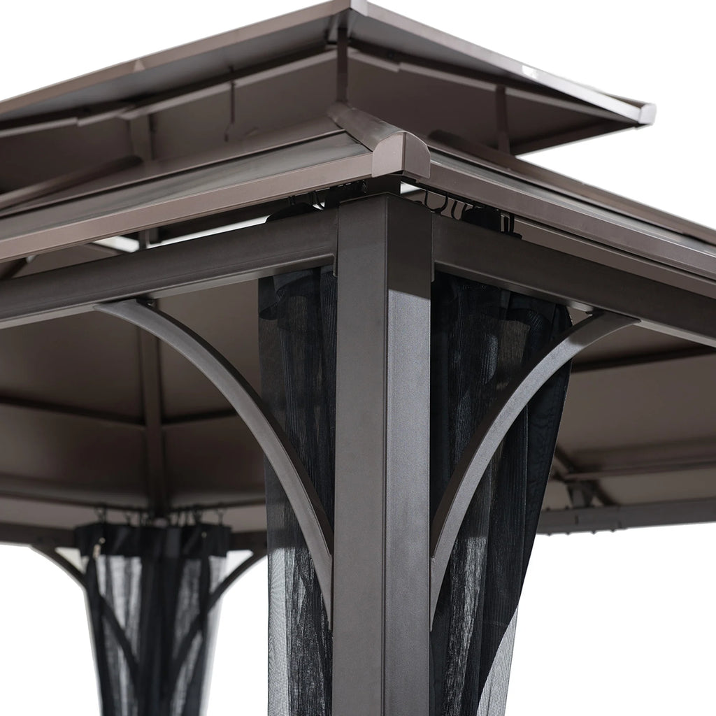 Brown 10x12 ft. Steel Frame 2-Tier Hardtop Roof Gazebo with Netting L535264