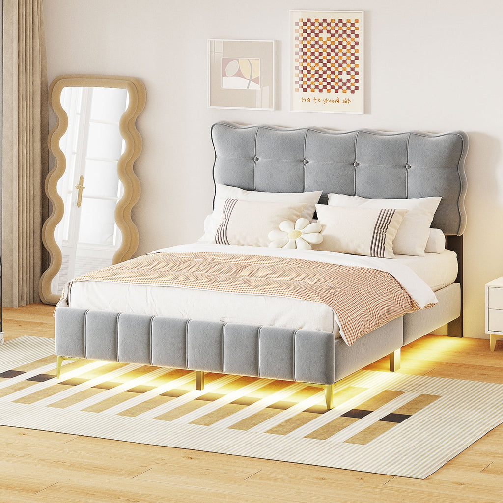 Full Size Beige Velvet Platform Bed with Headboard U48622