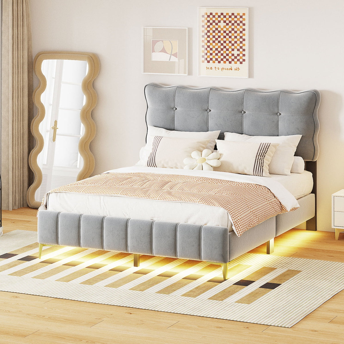 Full Size Beige Velvet Platform Bed with Headboard U48622