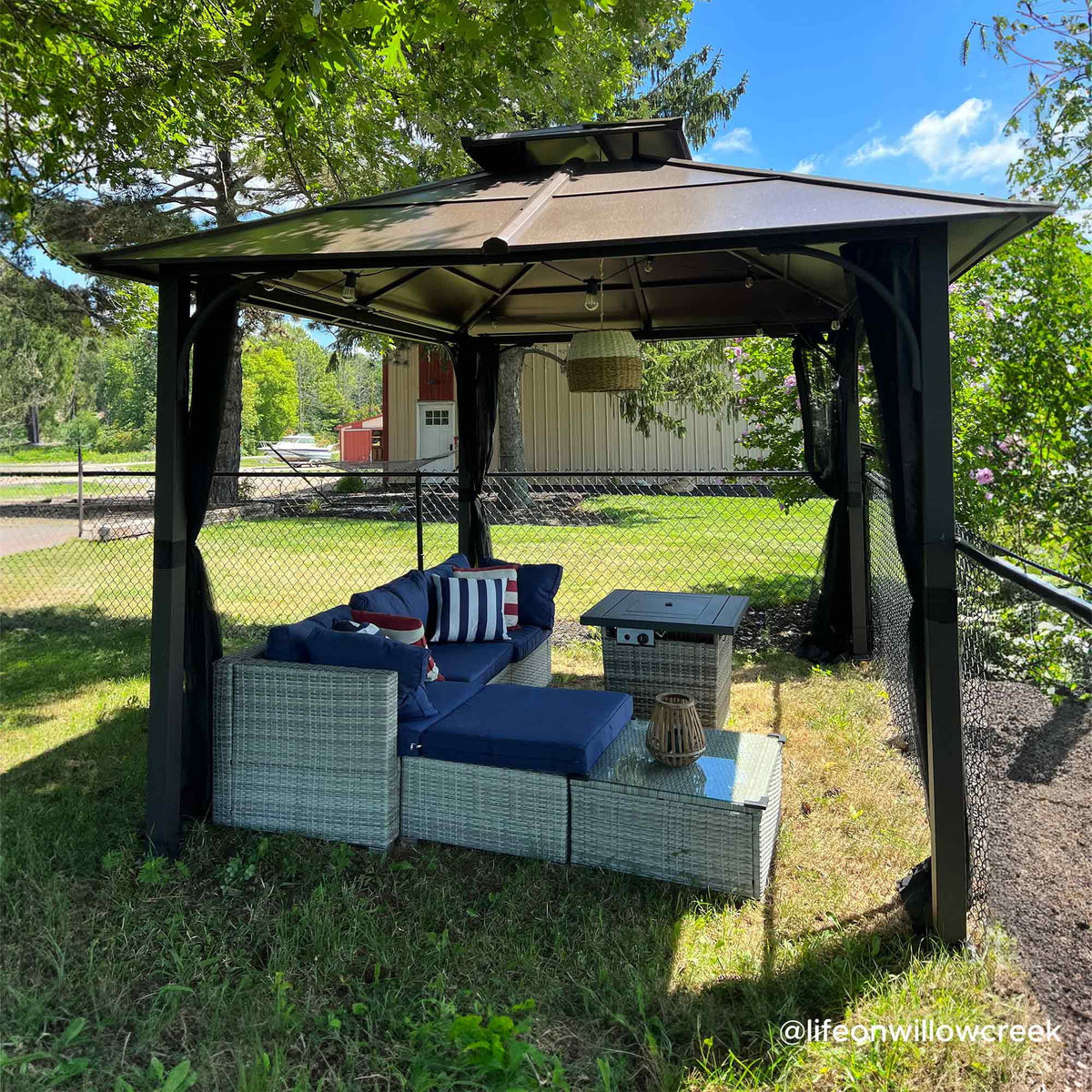 Brown 10x12 ft. Steel Frame 2-Tier Hardtop Roof Gazebo with Netting L535264