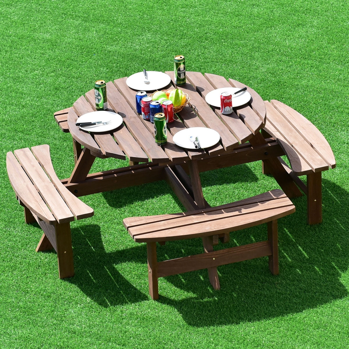 Wood 8 Seat Picnic Table and Bench Set G78603
