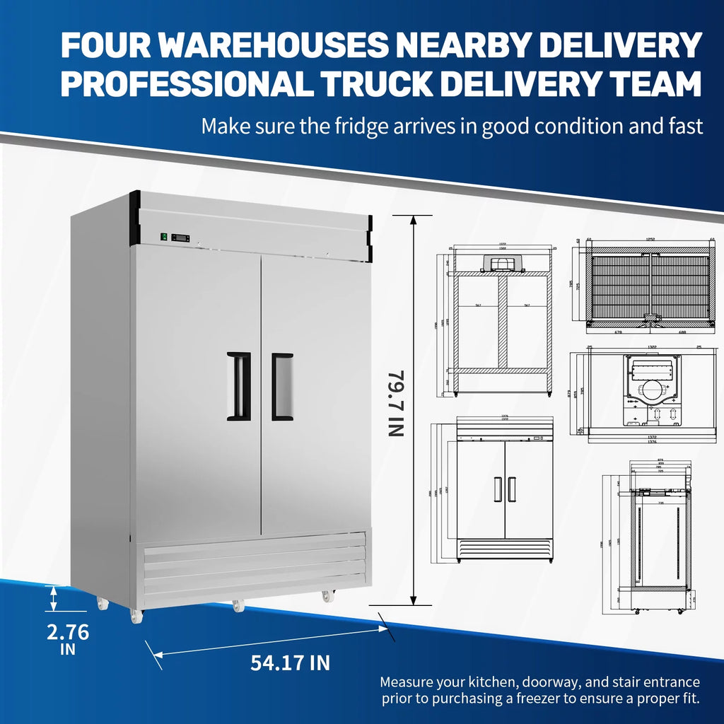 54" 2-Door 49 Cu.Ft Stainless Steel Reach-in Refrigerator with Lock J491