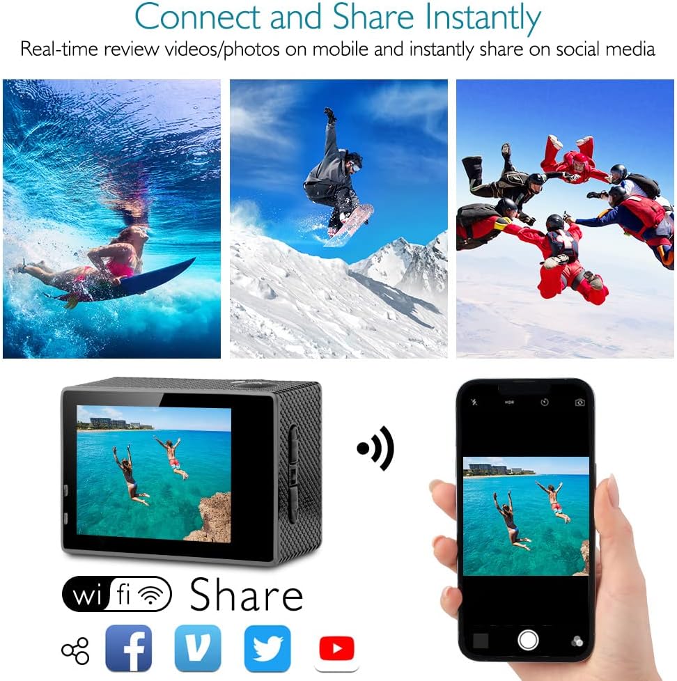 4K Action Camera 16MP Waterproof Camera 170° Wide Angle WiFi Sports Cam with Remote 2 Batteries and Mounting Accessories Kit Pack of 2 N339