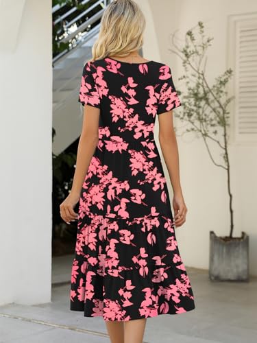 Women's Casual Summer Tiered Midi Dress Short Sleeve Belted Ruffle Boho Sundress with Pockets A210