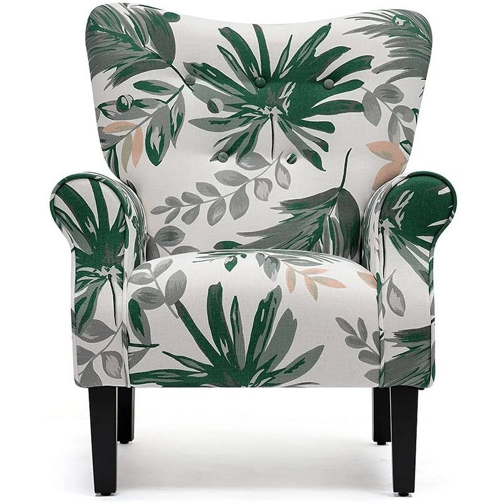 Green Floral Upholstered Fabric Wing Back Arm Chair with Wood Legs V9773