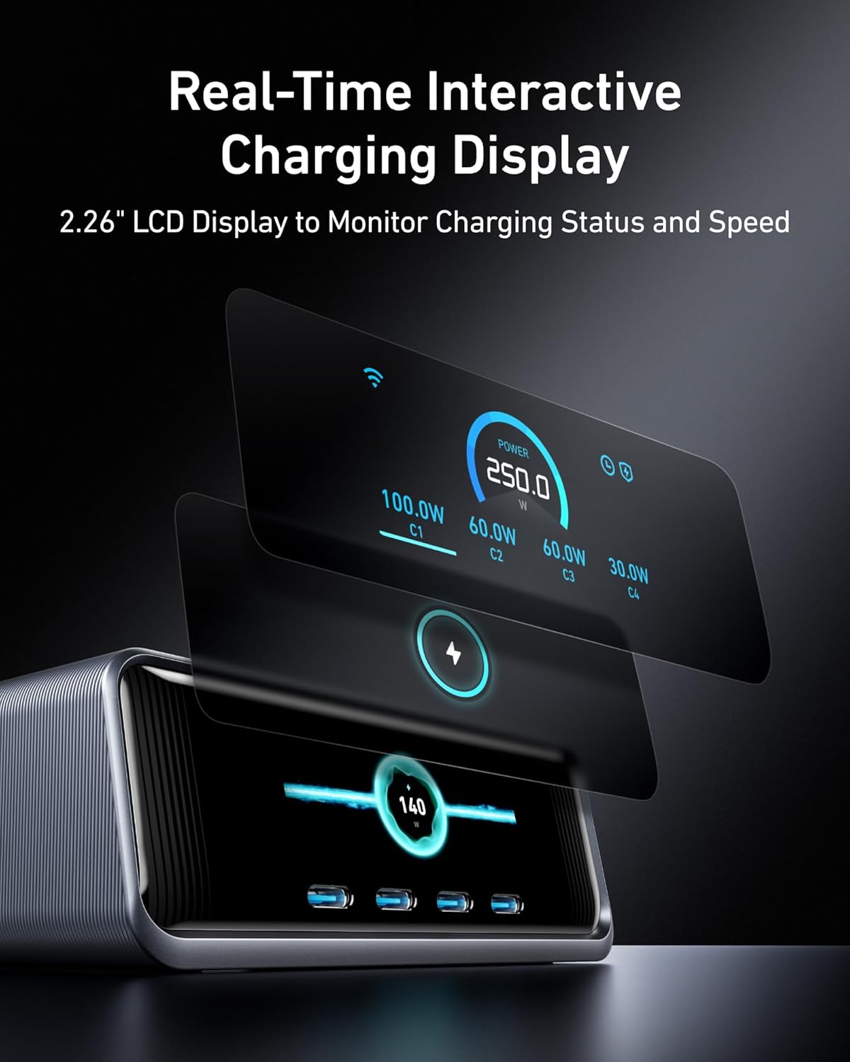 250W 6-Port GaN USB-C Charger with LCD Display J6685