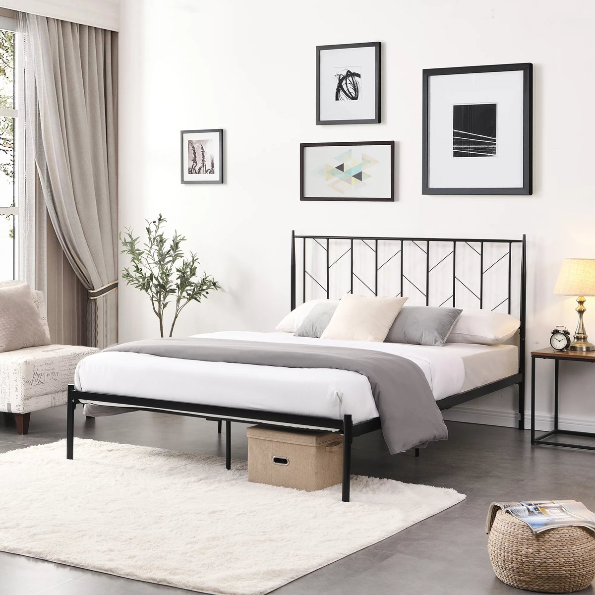 Full Size Metal Platform Bed with Headboard and Underbed Storage Q9147