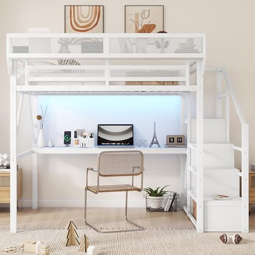 Black Full Size Metal Loft Bed with Stairs and Storage W87820