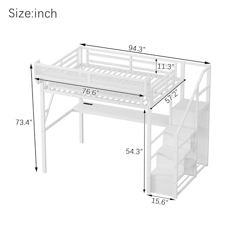 Black Full Size Metal Loft Bed with Stairs and Storage W87820