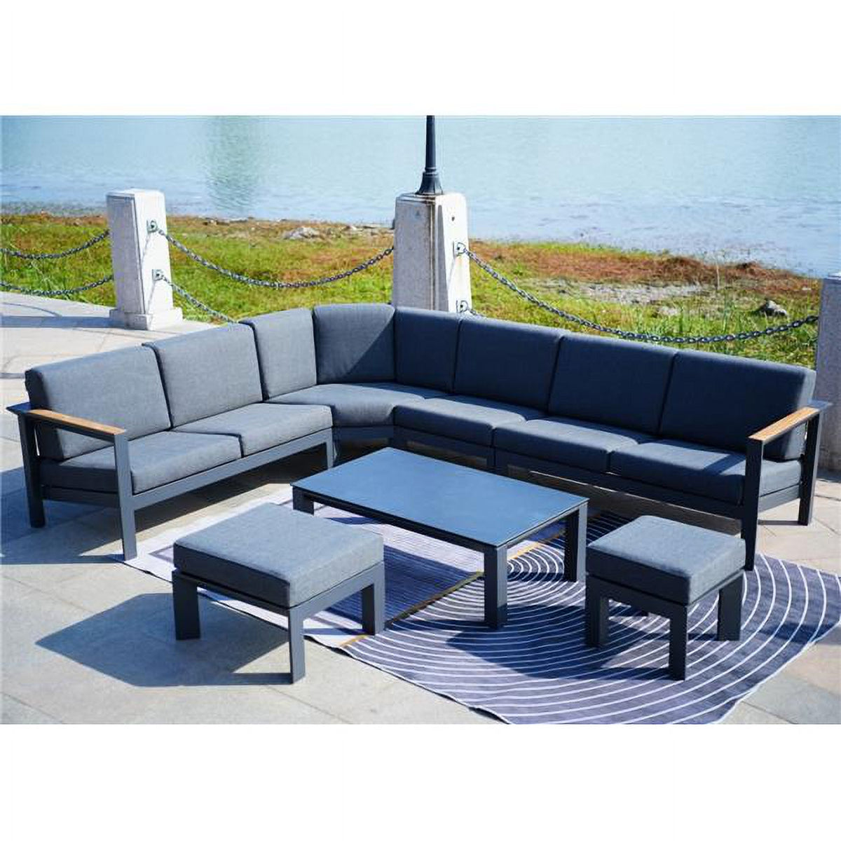 6 Piece Aluminum Outdoor Conversation Sofa Set with Waterproof Cushions, Dark Grey L8798