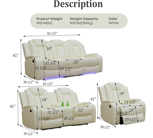Black 3 Piece Leather Power Reclining Sofa Set with LED Lights E755387