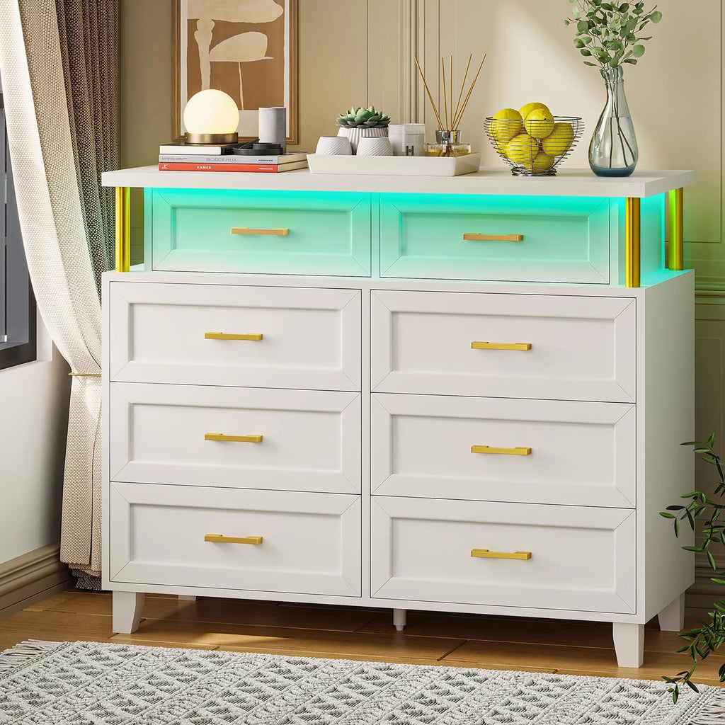 White 8 Drawer Dresser with LED Light W6308