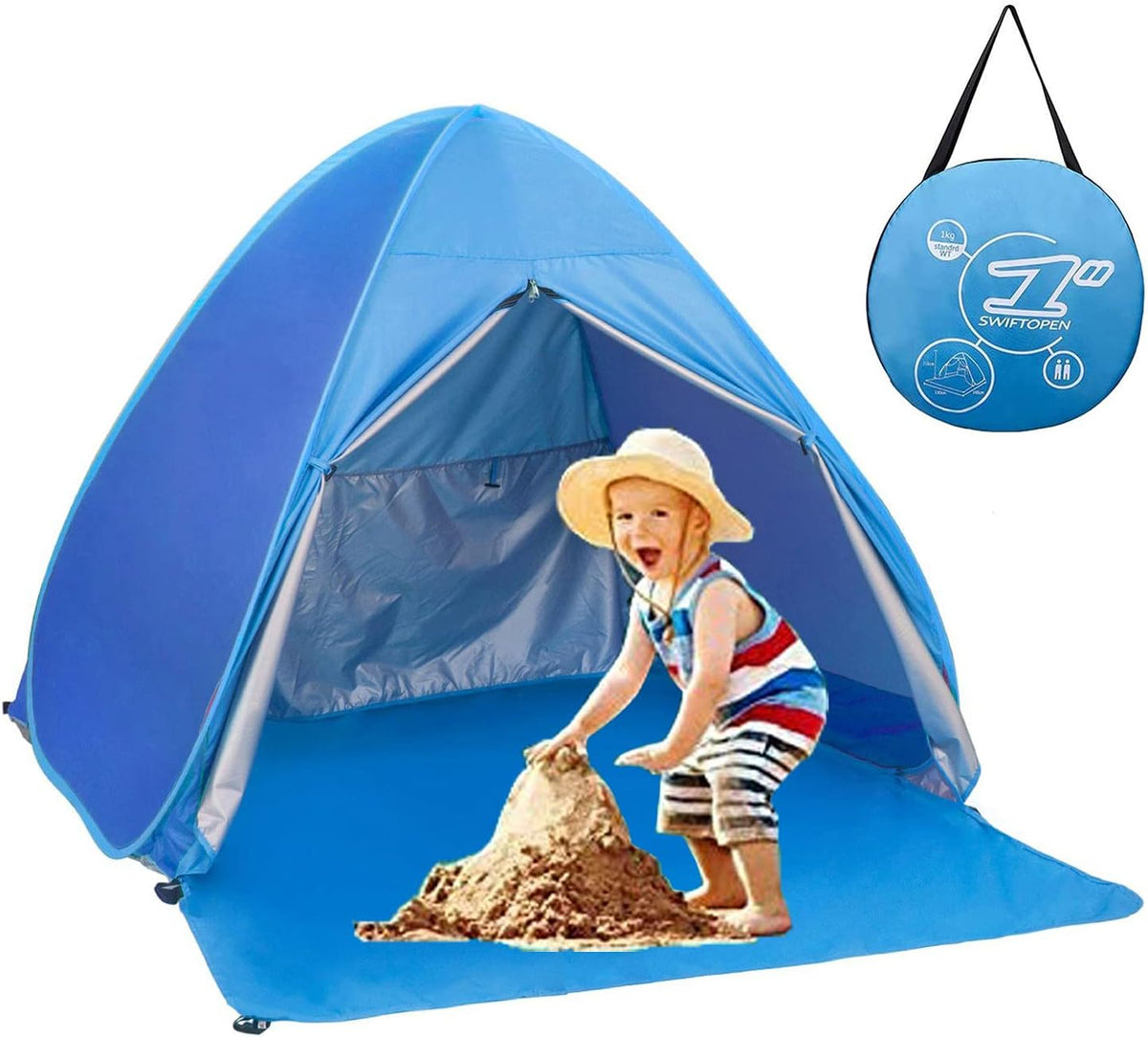 Pop Up Beach Tent Sun Shelter UPF 50+ 2-3 Person Dark Blue Stripes U52975