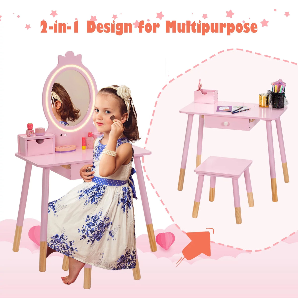 Kids Vanity Set with Mirror, Lights, Stool and Jewelry Rack C2537