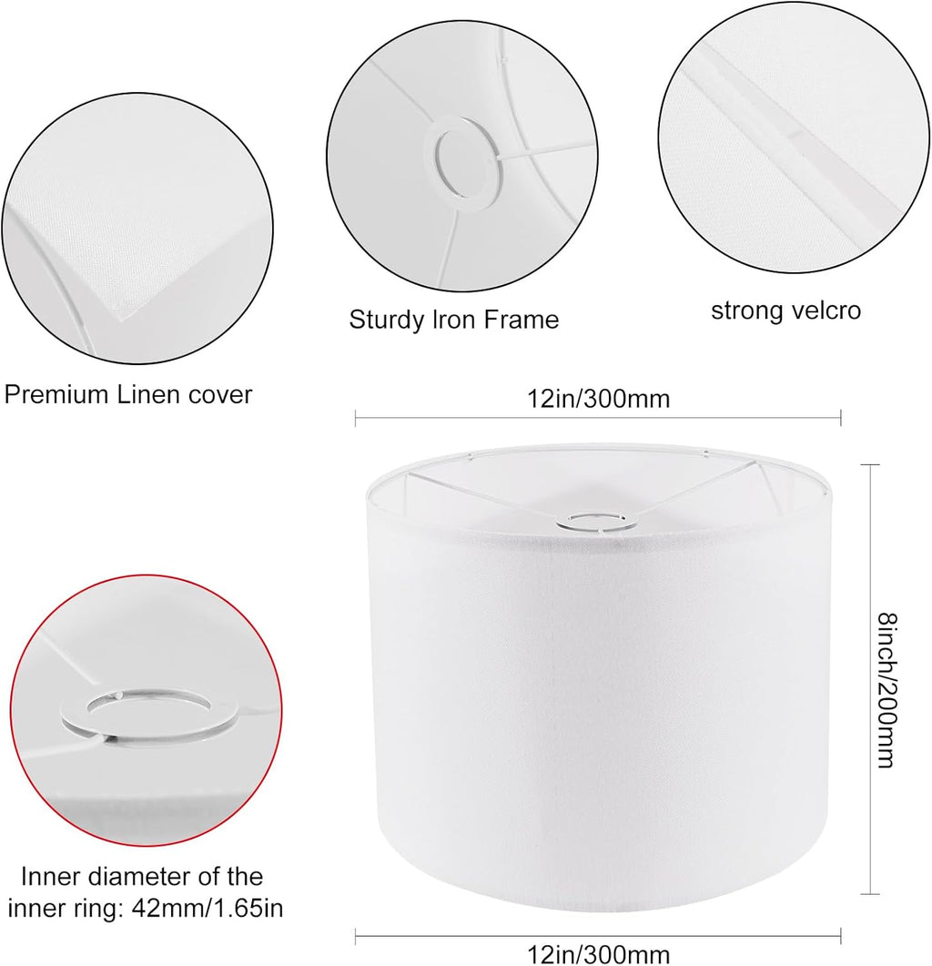 Set of 2 White Fabric Drum Lamp Shades, 12" x 12" x 8" P824