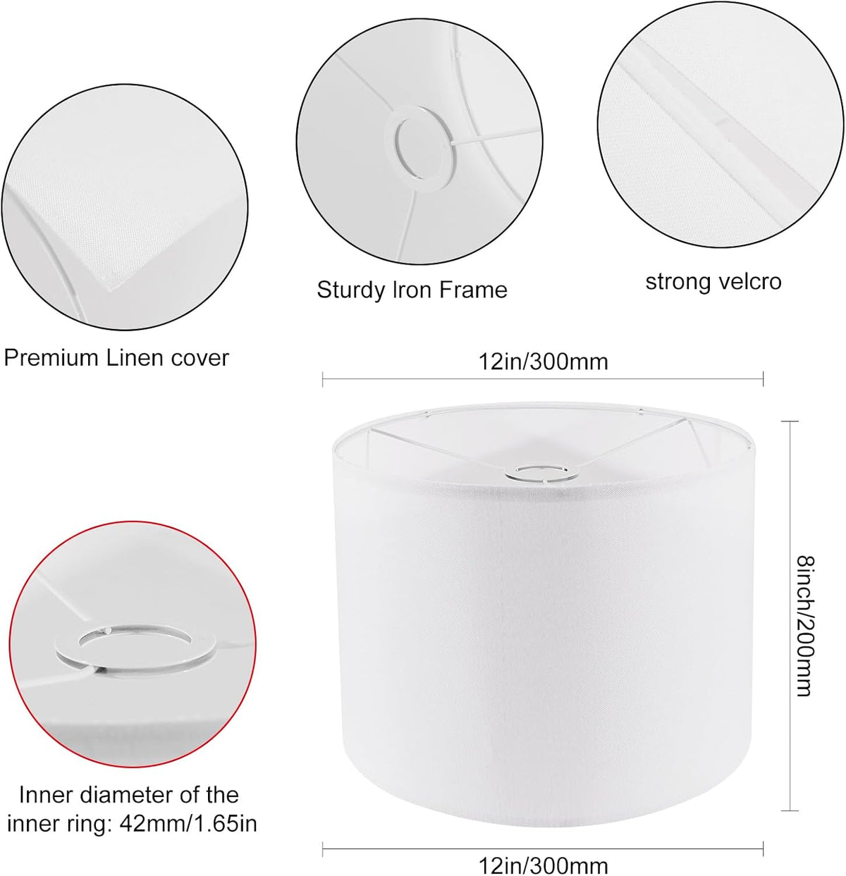 Set of 2 White Fabric Drum Lamp Shades, 12" x 12" x 8" P824