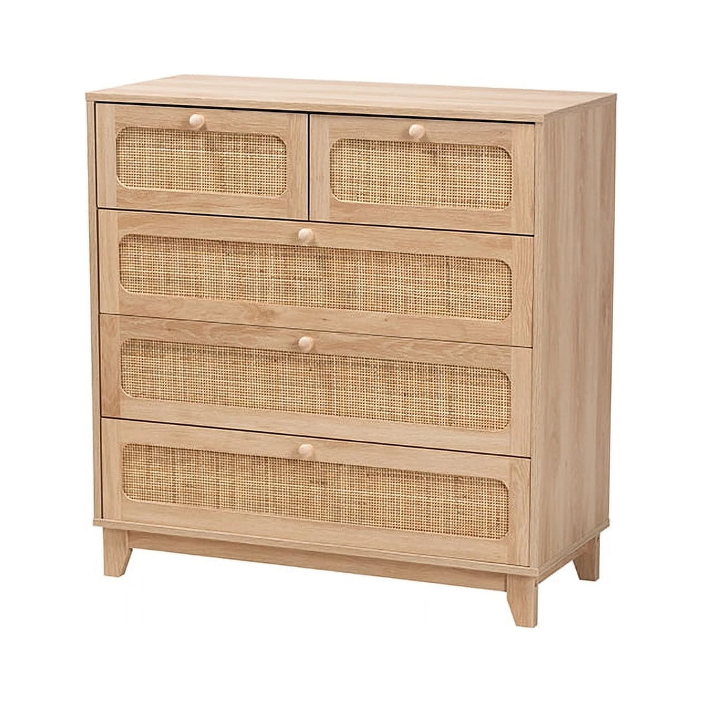 Oak Brown Wood and Natural Rattan 5-Drawer Storage Cabinet B171