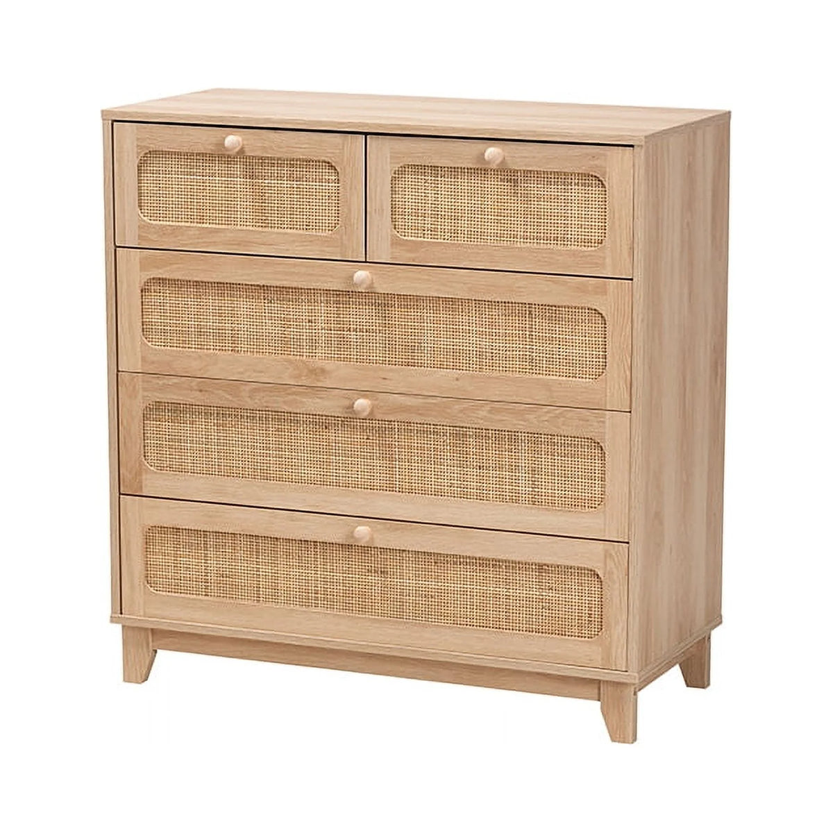 Oak Brown Wood and Natural Rattan 5-Drawer Storage Cabinet B171