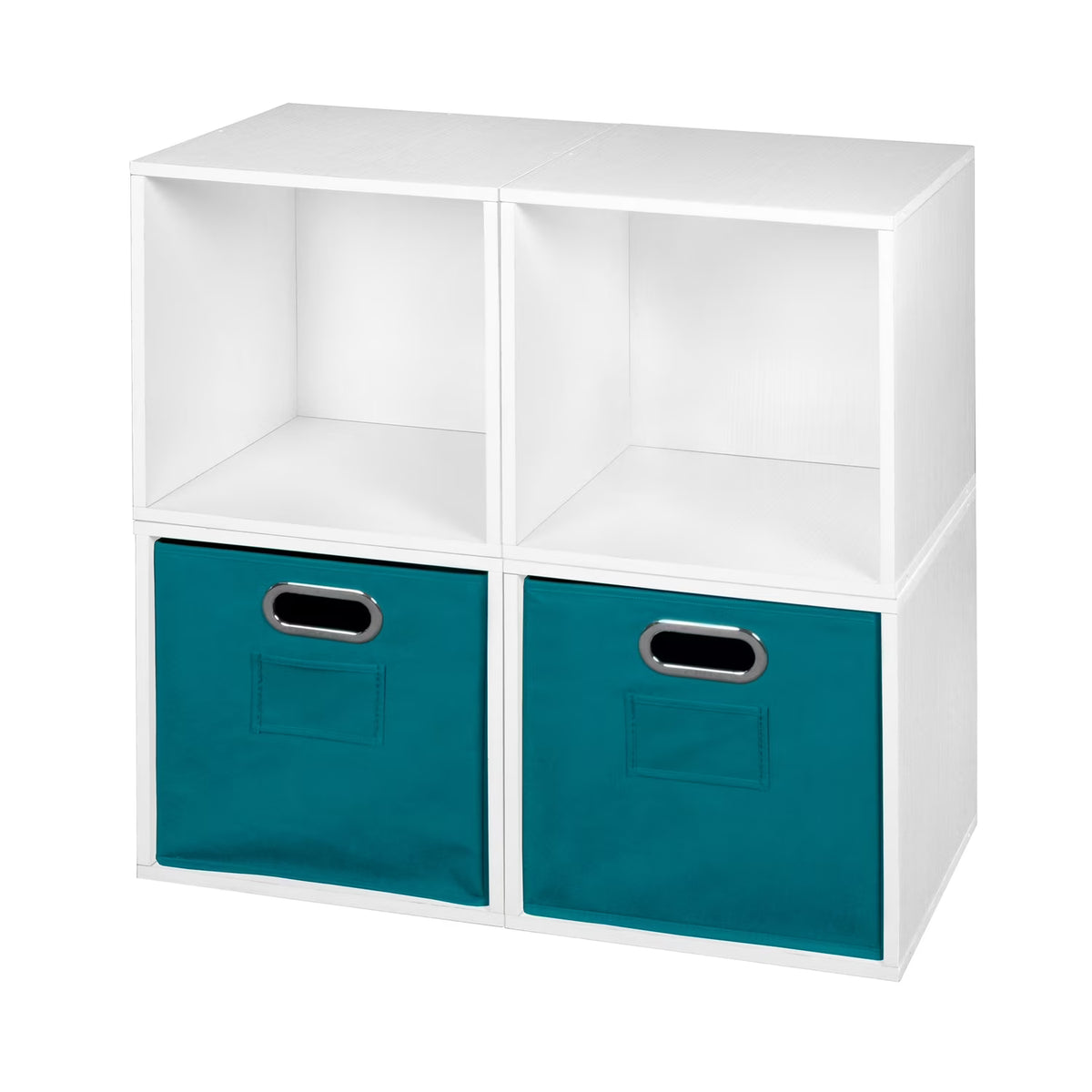 White Wood Grain/Teal 4 Cubes Storage Organizer with 2 Canvas Bins B73571
