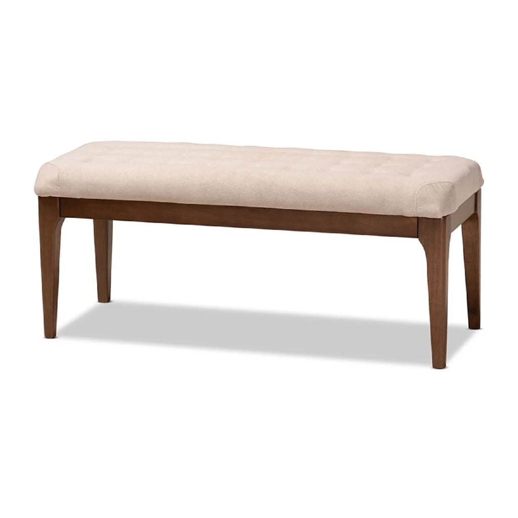 Beige Fabric Upholstered Walnut Brown Wood Dining Bench J661