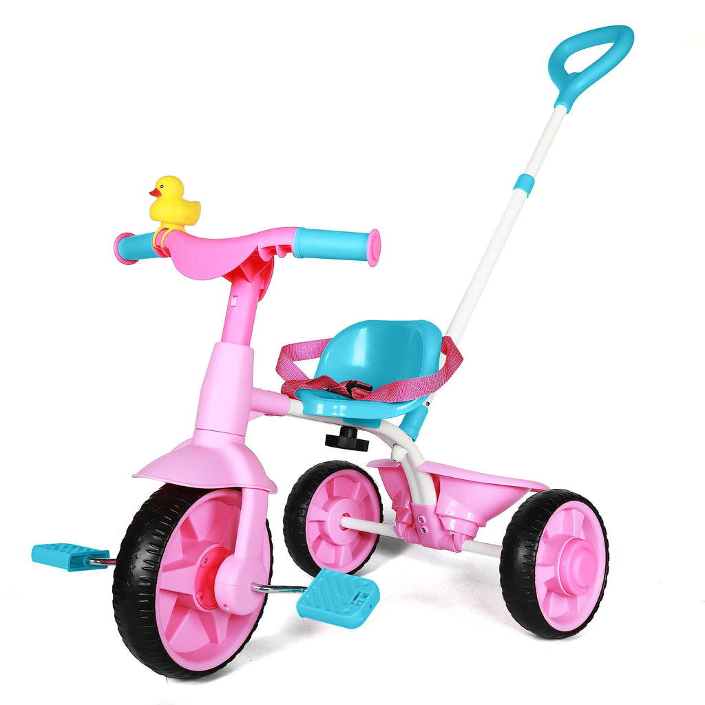 2 in 1 Kids Tricycles with Push Handle and Duck Bell, Pink J236