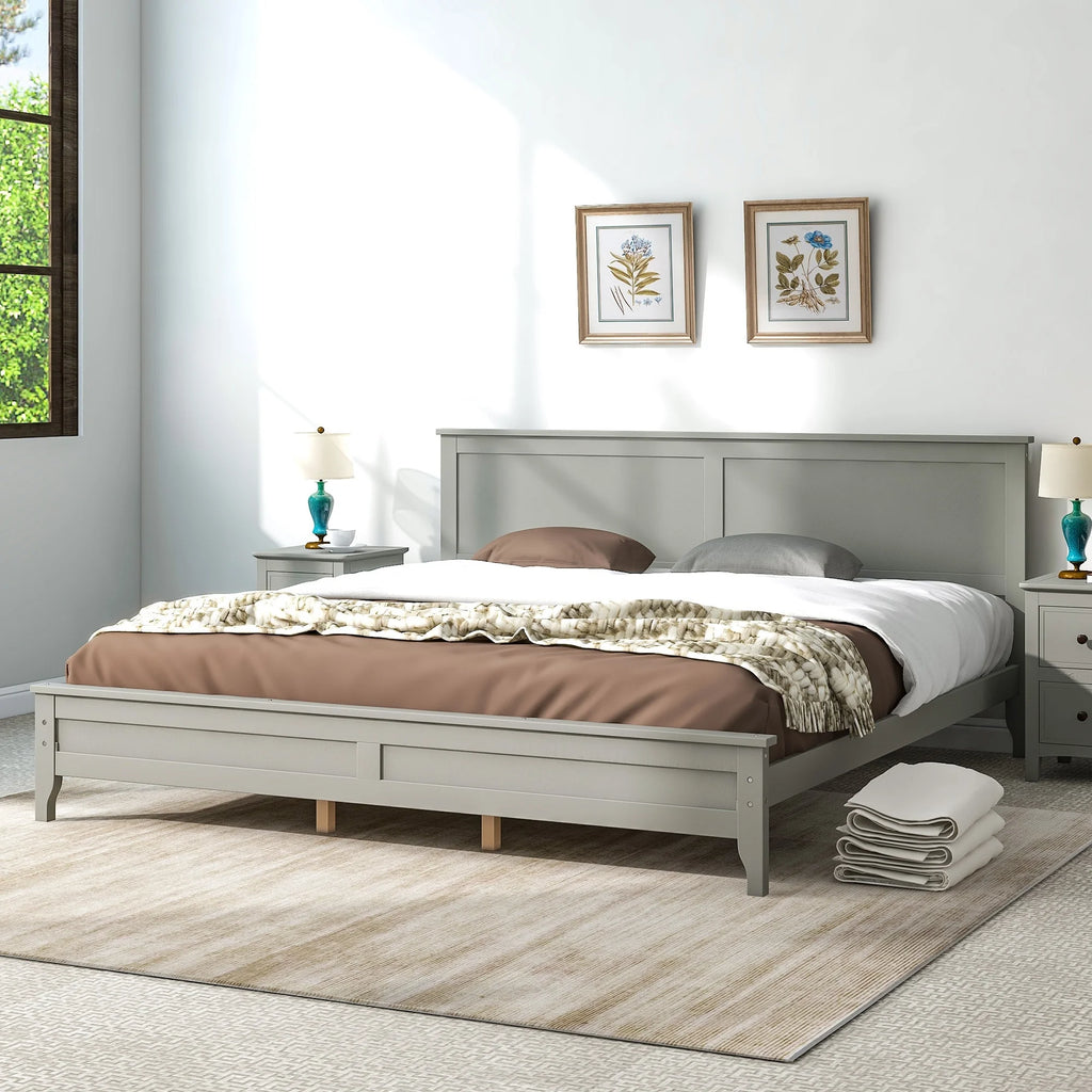 King Size Grey Solid Wood Platform Bed Frame with Headboard H37417