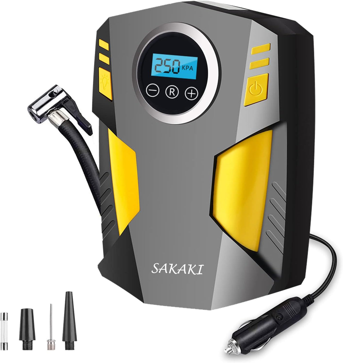 Tire Inflator Portable Air Compressor with 3 Nozzle Adaptors and Digital LED Light, DC 12V Electric Air Pump O240