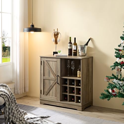 Gray Wash Farmhouse Coffee Bar Cabinet with Drawer and Sliding Barn Door M981101
