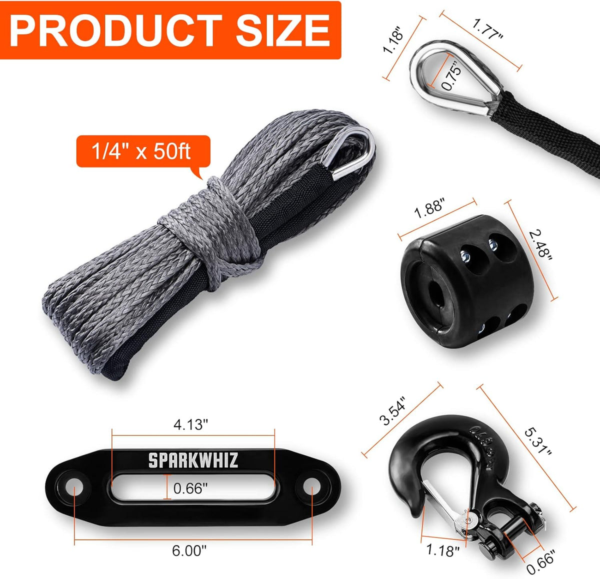 Synthetic Winch Rope Kit, 1/4" x 50ft 8200 LBS with Protective Sleeve, Fairlead, Stopper, Hook, Pack of 2 I611