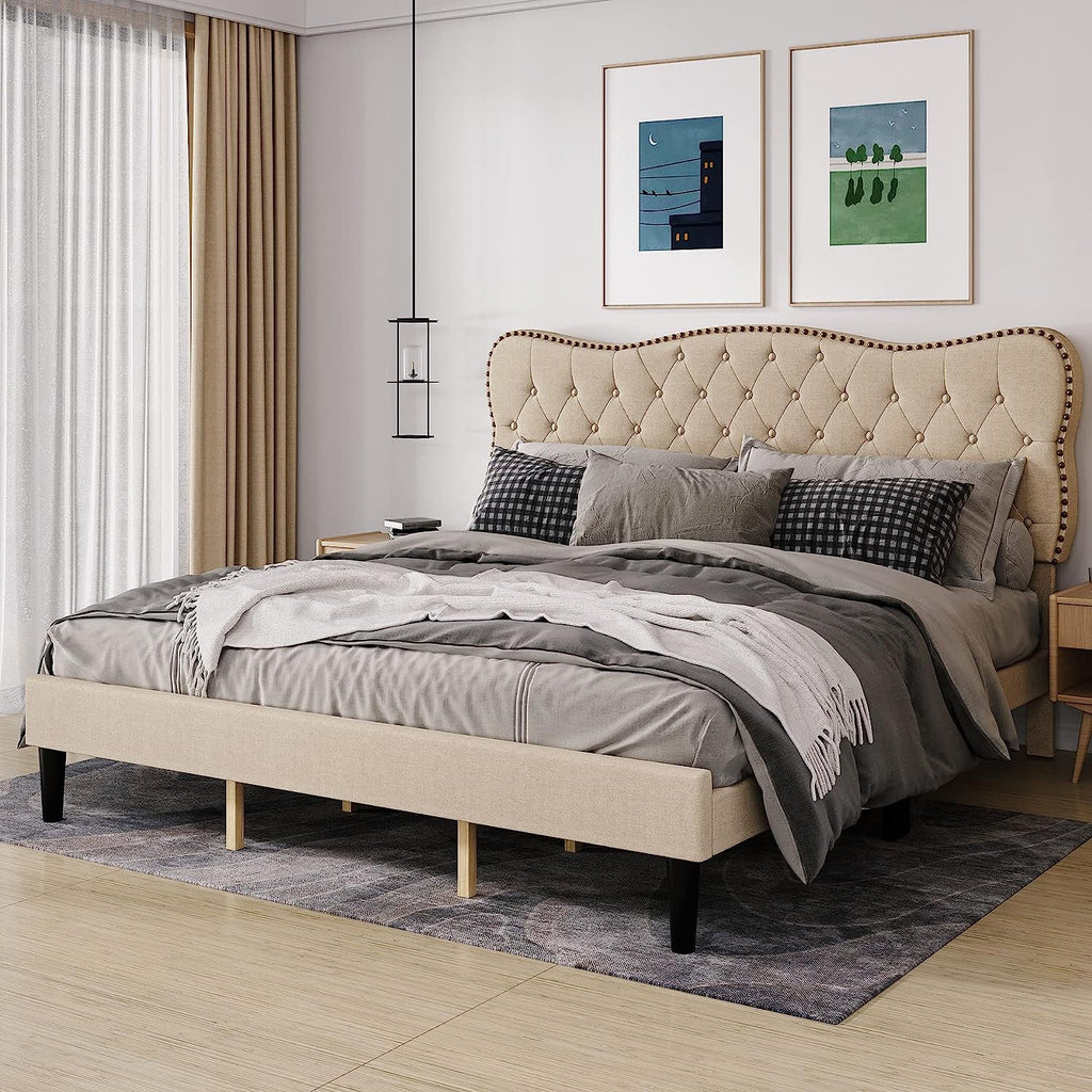 King Size Beige Linen Upholstered Bed Frame with Adjustable Headboard P203