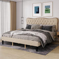 King Size Beige Linen Upholstered Bed Frame with Adjustable Headboard P203