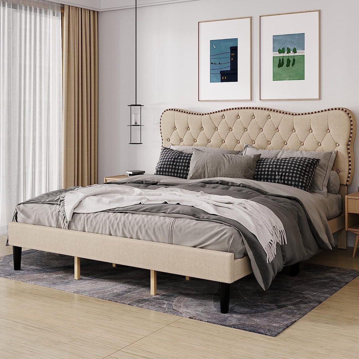 King Size Beige Linen Upholstered Bed Frame with Adjustable Headboard P203