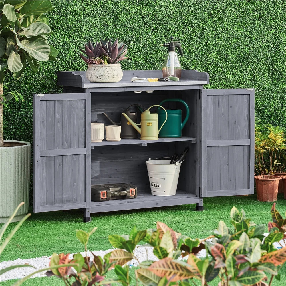 Wooden Garden Potting Bench Table with Cabinet V71419