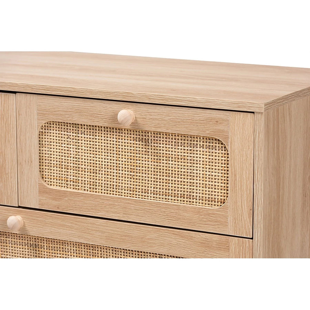Oak Brown Wood and Natural Rattan 5-Drawer Storage Cabinet B171